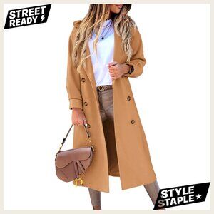 Long Wool Blend Pea Coat Double Breasted Notched Lapel Winter Coat